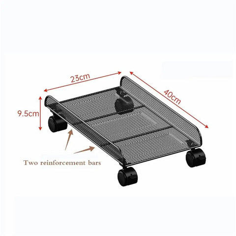 Heavy Duty Black Metal Under Desk Cpu Stand With Smooth Locking Casters shown from the side with dimensions 40cm x 23cm x 9.5cm.
