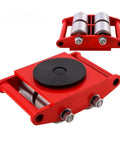 Heavy Duty Electric Load Moving Platform With Remote Control Equipment Transport Dolly Glides Like Butter Under Heavy Machinery Smooth Warehouse Cargo Rolling Adjustable Skates with red steel structure and rollers.