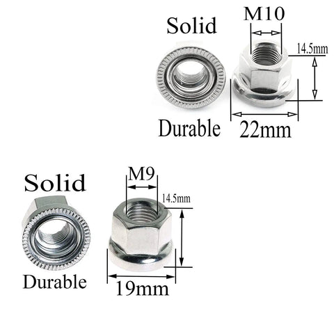 Beefy Track Nut Set For Bicycle Front And Rear Axles, 4 Pieces, showing M9 and M10 sizes, chrome plated, 7075 aluminum, with dimensions