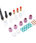 Top Tier TIG Welding Torch Consumables Kit With Gas Lens Ceramic Nozzles Copper Electrode Clips and heat resistant O-rings and connectors.