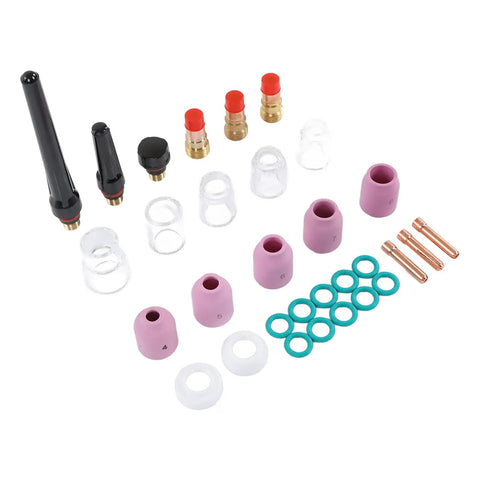 Top Tier TIG Welding Torch Consumables Kit With Gas Lens Ceramic Nozzles Copper Electrode Clips and heat resistant O-rings and connectors.