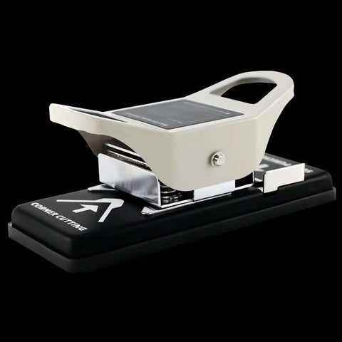 Side view of 2-In-1 Slot Hole Punch For Paper And PVC Cards - Heavy Duty All Metal Corner Rounding And Slot Punch Tool with black base.