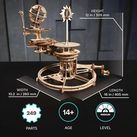 Hands On Mechanical Tellurion Three Dimensional Puzzle Wooden Model That Shows The Sun Earth Moon Cosmic Dance Explains Day And Night And Moon Phases With Realistic Orbital Motion For Science Fans And Curious Minds, 12 in tall