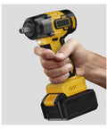 Super Powerful Cordless Impact Wrench With Brushless Motor And Heavy Duty High Torque Design Perfect For Auto Repair Woodworking And Scaffold Projects Lightweight Ergonomic Grip Allows Seamless Use Anywhere, held in hand.