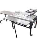 Pro Grade 220V Woodworking Table Saw With Dust Free Housing And Smooth Four Way Swing Arm For Razor Sharp Precision Cuts Includes Eight And Four Inch Blades Solid Shop Bench Tool on workbench with steel top and adjustable support.