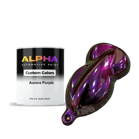 Professional Grade Aurora Purple Basecoat Paint In A Full Gallon Container That Ships Ready To Spray With High Quality Medium Reducer Included For An Ultra Smooth Color Match That Actually Slaps On Any Build, shown with paint sample.