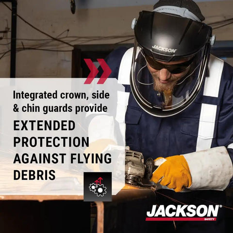 MAXVIEW Premium Face Shield with 370 Speed Dial Ratcheting Headgear worn by worker grinding metal, providing full face protection.
