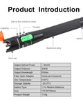 Visual Fault Locator fiber optic tester, black body with orange dust cap and green switch, 650nm red light.