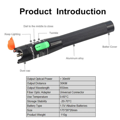 Visual Fault Locator fiber optic tester, black body with orange dust cap and green switch, 650nm red light.