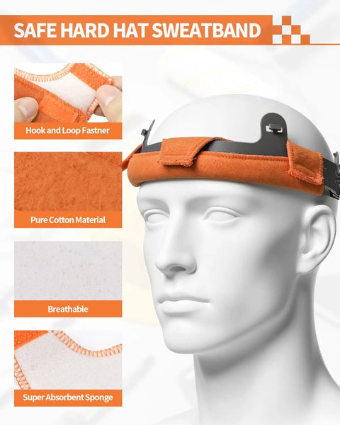 6 Pack All Season Flame Retardant Cotton Hard Hat Sweatbands, Reusable Liner for Helmets, material and sponge details shown