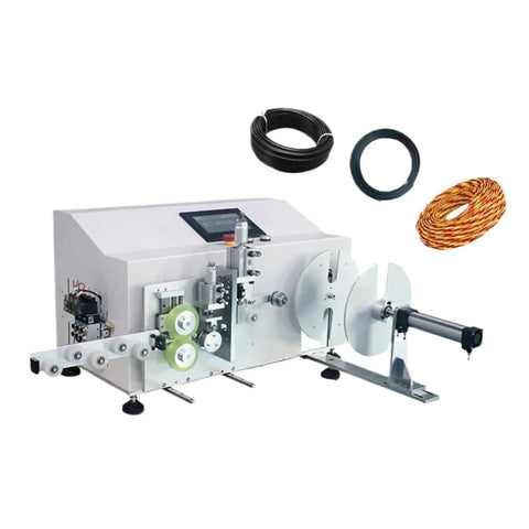 Heavy Hitter Automatic Cable Winding Reel With Digital Meter Counter And Precision Cutting Touchscreen showcasing cables and touchscreen interface.