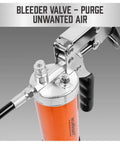 HORUSDY heavy-duty grease gun with orange body, chrome head, black handle, and attached hose — front view