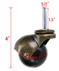 Side view of 2 Inch Ball Caster Wheels With Sockets, Antique Gold Swivel Casters, heavy duty steel construction with dimensions.