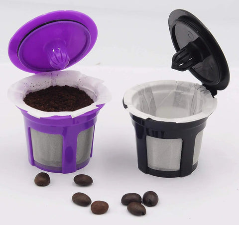 Disposable Coffee Filters 100 Count For Single Serve Brewers 1.0 And 2.0 White Paper Compatible With Reusable K Cup Filter in purple and black cups