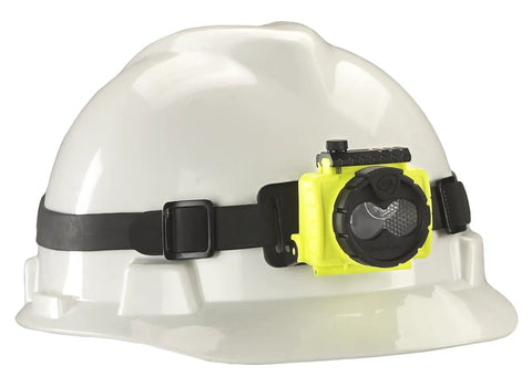 Hard hat with attached Dual Beam USB Headlamp With Spot And Flood Lights, 125 Lumen LED, lightweight yellow hands free lighting