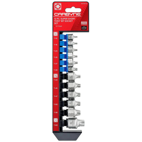 12 Piece Torx Stubby Low Profile Socket Set T10 Through T60 In S2 Steel With Dual Drive Internal Square And External Hex For Tight Confined Spaces Pro Grade Build And Genuine Licensed Torx displayed in packaging
