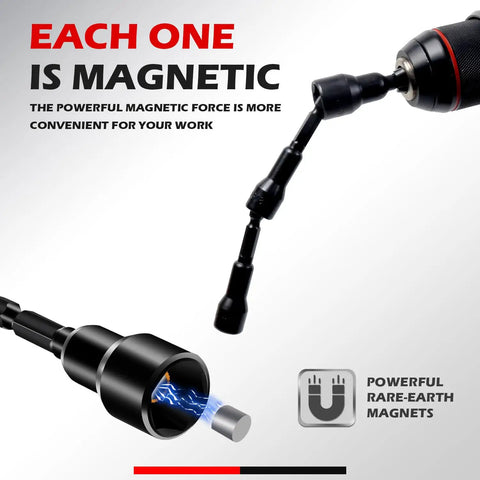 Magnetic Nut Driver Set for Impact Drills, 35 Piece showing magnetic force demonstration with Cr-V steel bit.