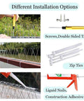 Different installation options for Stainless Steel Bird Spikes Deterrent Strips For Roofs And Fences showing screws, zip ties, and adhesive.