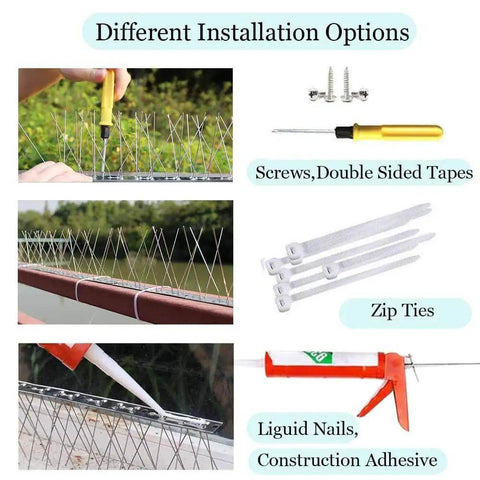 Different installation options for Stainless Steel Bird Spikes Deterrent Strips For Roofs And Fences showing screws, zip ties, and adhesive.