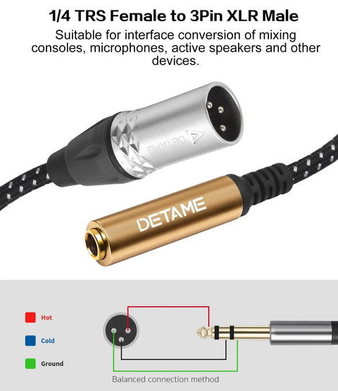 1 foot 6.35mm TRS female to XLR male balanced audio cable pack suitable for mixer and mic connections.