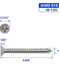 Built Like A Tank Tough As Nails Size 8 X One Point Two Five Inch Flat Head Sheet Metal Screws Phillips Drive with dimensions.