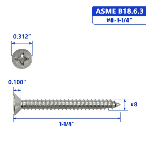 Built Like A Tank Tough As Nails Size 8 X One Point Two Five Inch Flat Head Sheet Metal Screws Phillips Drive with dimensions.