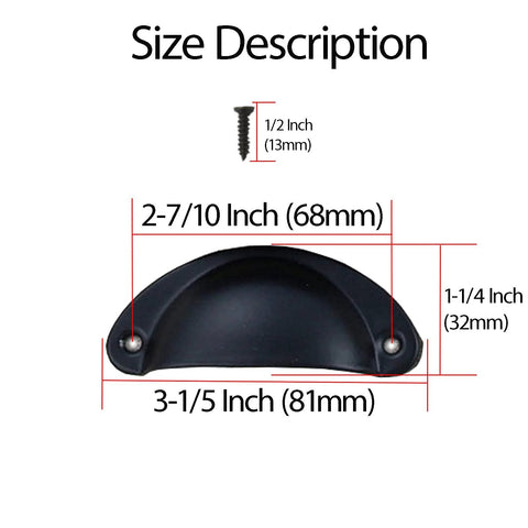 20 Pack Cup Pull Cabinet Hardware Set With Screws size description showing dimensions and black iron material.