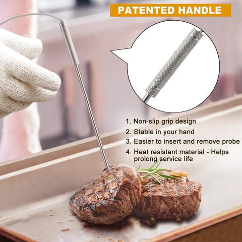 Stainless Steel Meat Probe Replacement With Non Slip Grip, 8.5 Inch Probe, 40 Inch Cable, Food Grade Safe For Grilling And Smoking, Fits Most Digital Meat Thermometers, Easy Plug In And Pull Out, Durable Kitchen Gear used on steak