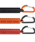 Three Rubber Drill Bit Organizer Strips With Carabiner, 10 Slot Storage for Quarter Inch Hex Shanks in black, orange, and red