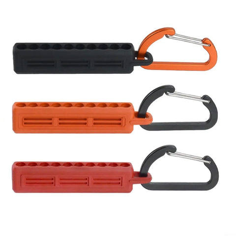 Three Rubber Drill Bit Organizer Strips With Carabiner, 10 Slot Storage for Quarter Inch Hex Shanks in black, orange, and red