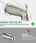 Tub and Shower Faucet Set with Pressure Balance Valve, gold tub spout in durable zinc alloy construction, comparison to plastic
