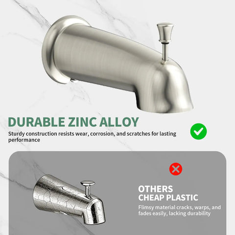 Tub and Shower Faucet Set with Pressure Balance Valve, gold tub spout in durable zinc alloy construction, comparison to plastic