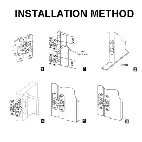 Installation diagram of Three Dimensional Invisible Door Hinges For Wooden Doors With 180 Degree opening in black zinc alloy.