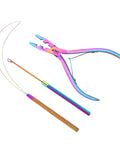 Micro Links Hair Extensions Kit With Stainless Steel Beads Closer And Remover Pliers, Pulling Hook, Bead Tool, Loop Needle, And Leather Pouch For Quick, No Fuss Feather And Hair Extensions. Rainbow stainless steel pliers and pulling hook set
