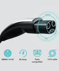 Level 2 Electric Vehicle Charger 40 Amp 240 Volt NEMA 14 50 Plug 16 Ft Cable close-up with Tesla compatibility features.