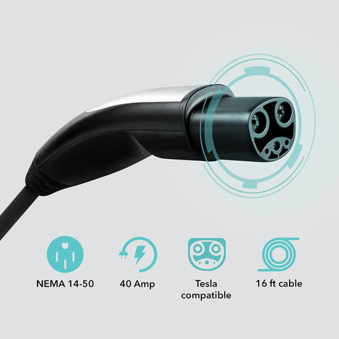 Level 2 Electric Vehicle Charger 40 Amp 240 Volt NEMA 14 50 Plug 16 Ft Cable close-up with Tesla compatibility features.