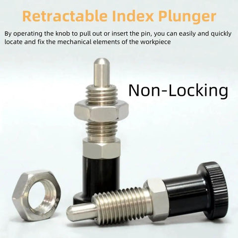 Tough As Nails Stainless Steel Push Fit Ball Nose Spring Plunger Retractable Indexing Pin With Quick Grip Knobs For Rock Solid Positioning On Shop Equipment M8 Non Locking 2 Pack close-up of two retractable index plungers with knobs.