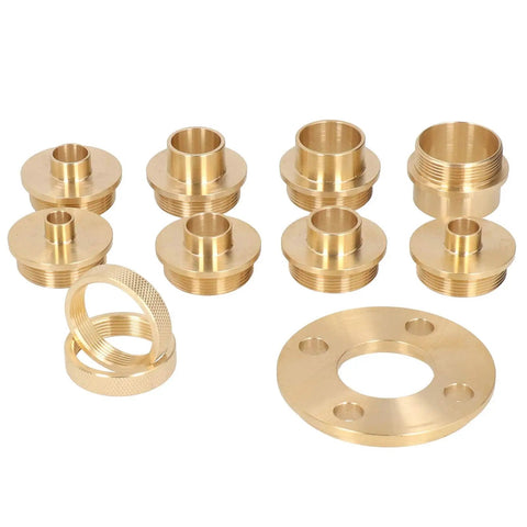 Slick Eleven Piece Template Router Guides Kit Featuring Durable Brass Bushings, including 8 brass sleeves and 1 mount.