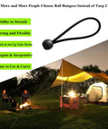 25 Pack 6 Inch Ball Bungee Cords Heavy Duty Outdoor Natural Latex Tarp Straps with ball and tent setup at campsite at night.
