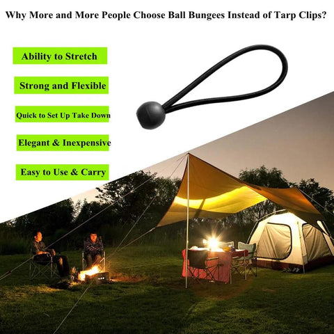 25 Pack 6 Inch Ball Bungee Cords Heavy Duty Outdoor Natural Latex Tarp Straps with ball and tent setup at campsite at night.