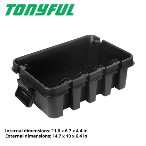 Built Tough Large Outdoor Electrical Box With Handle, Weatherproof IP55 Rated Cord Cover, internal view with dimensions.
