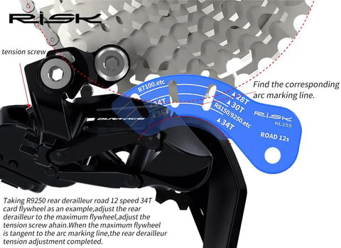 12T Electric Rear Derailleur Adjuster Gauge Tool for Road Bikes with R9250 Model setup guide and chain gap measurement.