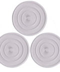 Universal 3 Pack Silicone Drain Stopper Plug 4.5 Inch No Leak Bathtub And Sink Blocker Flexible Kitchen Bathroom Travel Drain Insert Food Grade Setup Works Like A Charm And Cuts Waste Instantly, three white silicone drain plugs.