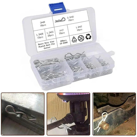 R Type Cotter Pin Kit With 100 Pcs Galvanized Carbon Steel Wave Locking Pins, 6 Sizes, Heavy Duty Storage Case, shown open with contents