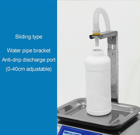 Heavy Duty Digital Liquid Filling Machine With Stainless Steel Housing Straight Up Hella Fast At 13 Liters Per Minute showing sliding water pipe bracket with anti-drip port.