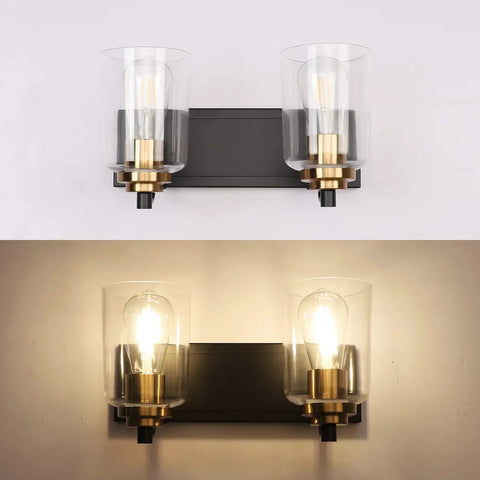 20.1 Inch Black Vintage Bathroom Vanity Light With Modern Glass Globe Shade Brass Wall Lamp Two Light Fixtures Easy 15 Minute Install Classic Yet Contemporary Bathroom Lighting, top and bottom view of lighting