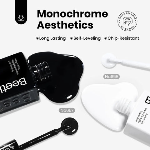 Black And White Gel Nail Polish Set 2 x 15ml HEMA Free with spilled polish showcasing monochrome aesthetics