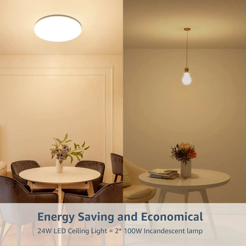 Slim Flush Mount LED Ceiling Light 2400 Lumens in dining area compared to incandescent lamp, showing energy efficiency.