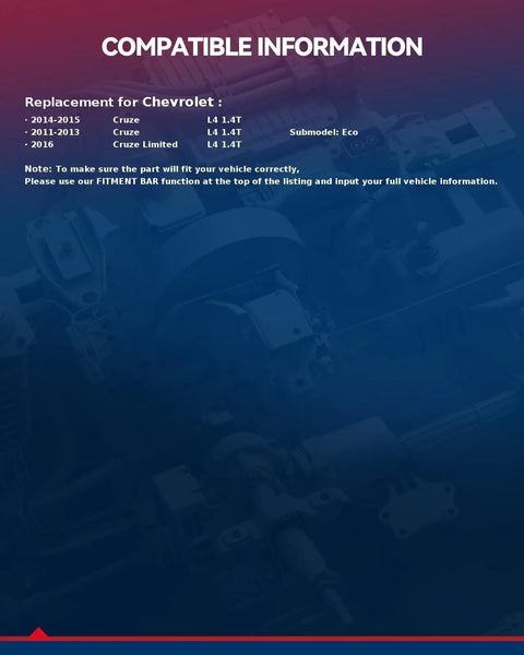 Compatible information for Electric Fuel Pump Assembly For 2011 To 2016 Chevrolet Cruze 1.4L Turbo setups.