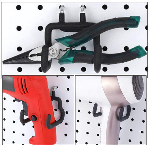 Heavy Duty Black Pegboard Hooks For Garage Tool Storage, Built Tough Steel And Rubber Wall Mounts, Universal Drill Plier Holders, Solid Shop Upgrade To Hang Em All Safely